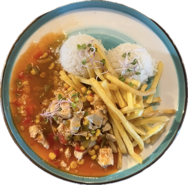 Kuracia zmes s kukuricou a farebnou paprikou, 1/2 ryža 1/2 hranolky