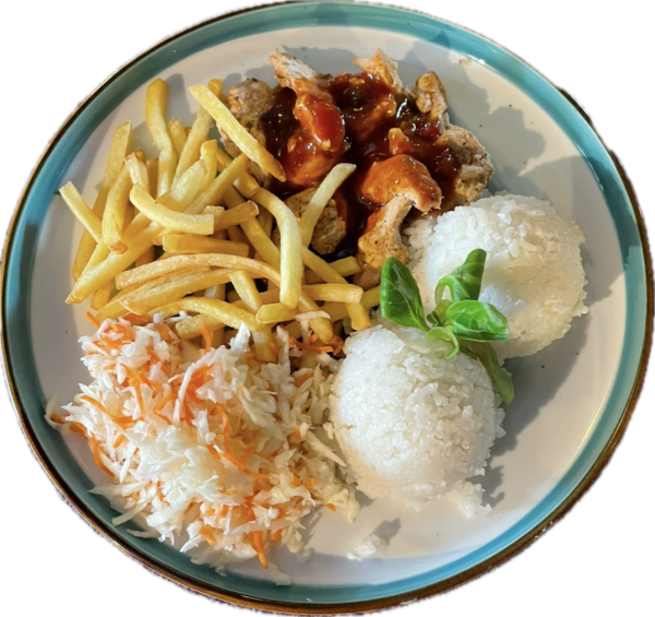Kurací gyros, texicana salsa, 1/2 ryža 1/2 hranolky, šalát