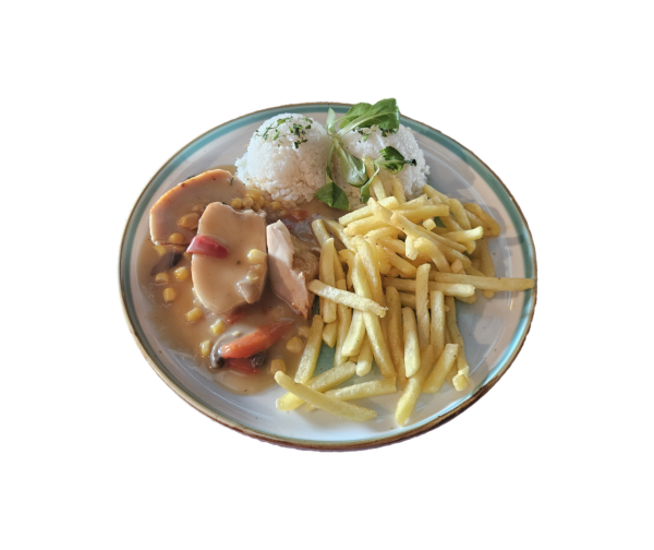 Lahôdkové kuracie prsia /kápia, šunka, šampiňóny/, ½ ryža ½ hranolky