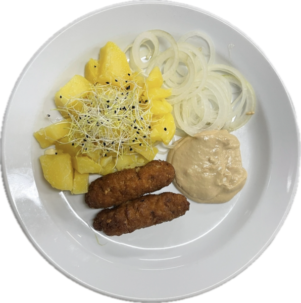 Čevapčiči, /cibuľa, horčica/, varené zemiaky