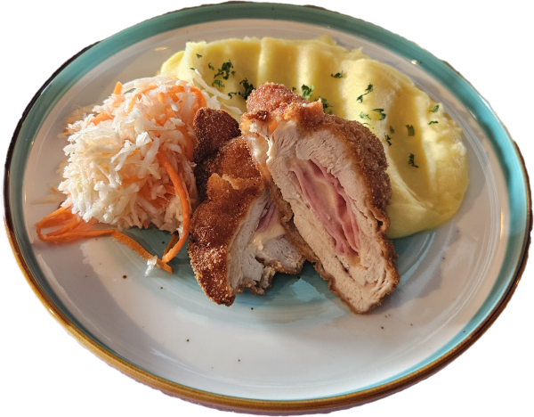 Kurací Gordon Bleu, zemiaková kaša, šalát