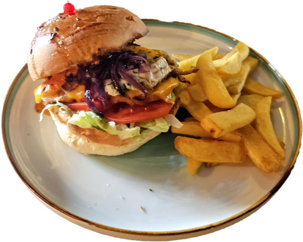 Kurací hamburger s hranolkami /žemľa, kurací steak, cheddar, dresing, volské oko, zelenina, karamel. cibuľka/