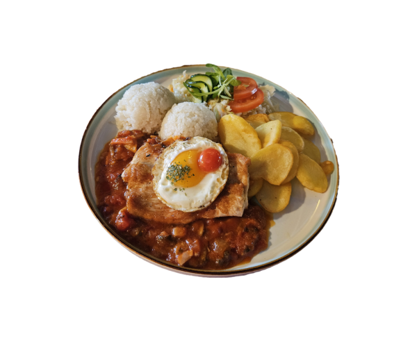 Morčací americký steak s volským okom, ½ ryža ½ zemiakové dukáty, šalátik