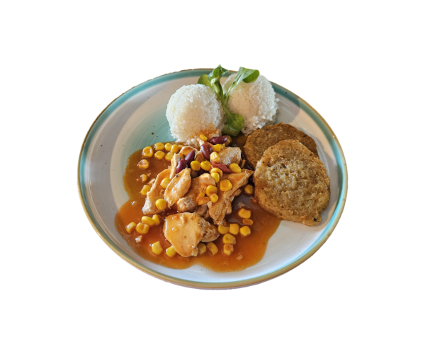 Kuracie chilli con carne, 1/2 ryža 1/2 zemiaková placka