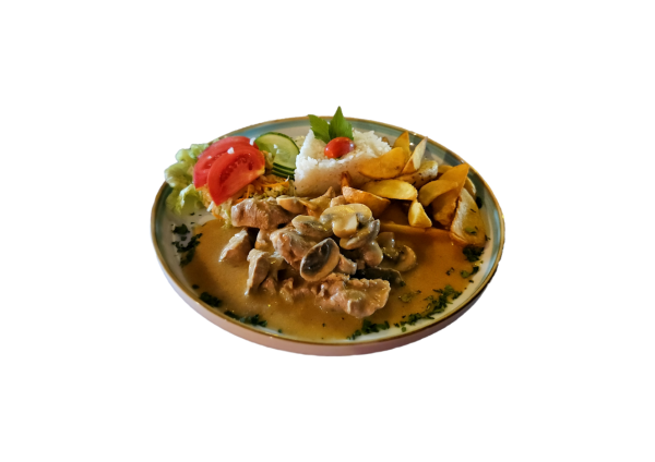 Hovädzí stroganoff so šampiňónmi, ½ ryža ½ americké zemiaky, šalát