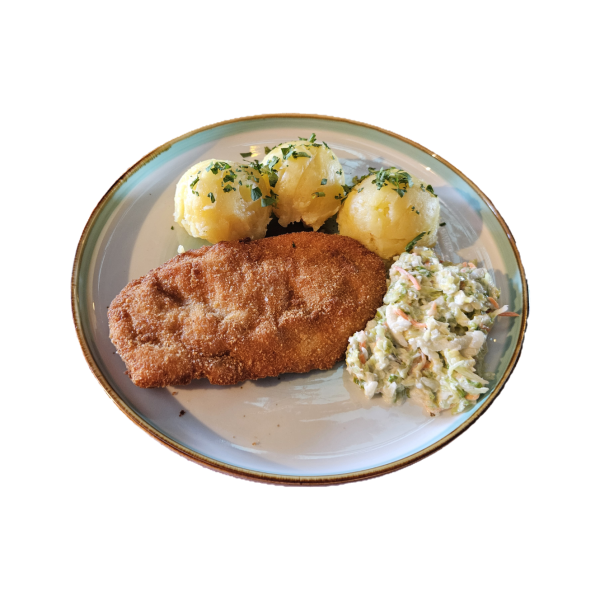 Vyprážaný kurací rezeň, štuchané zemiaky, coleslaw šalát