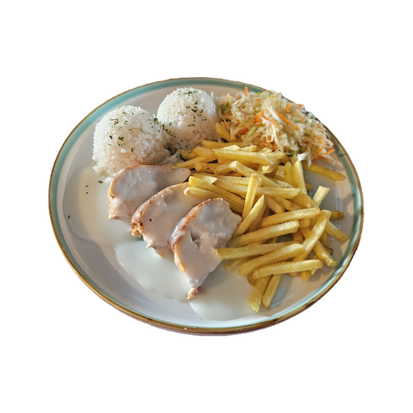 Kurací steak, jogurtová omáčka, ½ ryža ½ hranolky, šalát