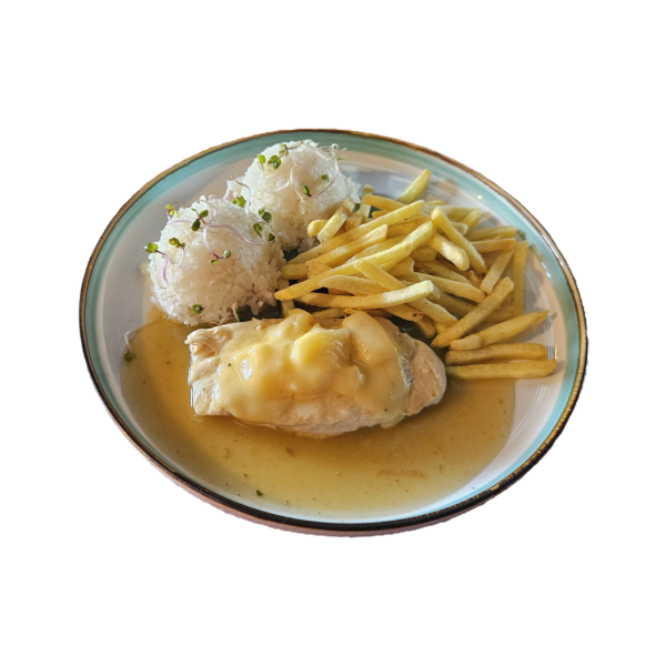 Zapekané kuracie prsia Hawai, 1/2 ryža 1/2 hranolky