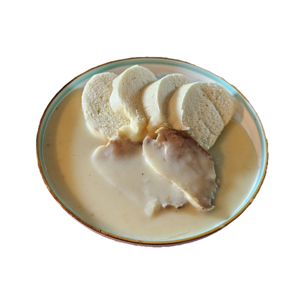 Bravčové koleno (sous vide)  v chrenovej omáčke, , domáca parená knedľa