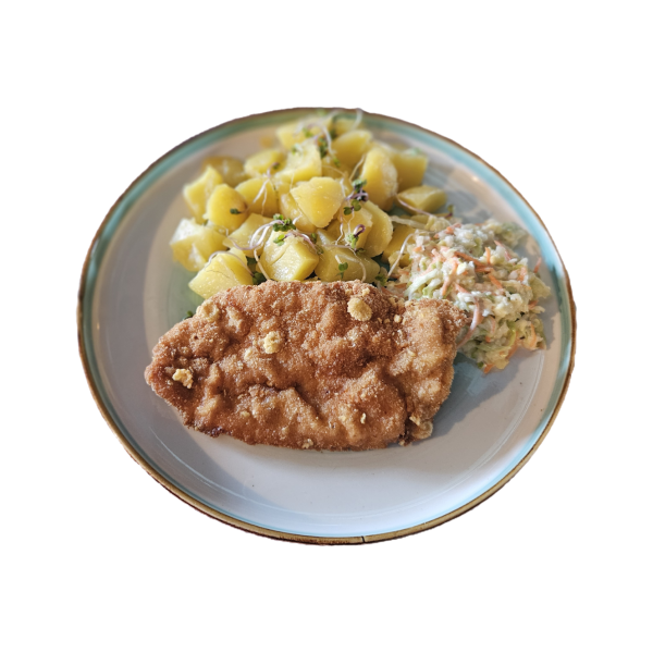 Vyprážaný kurací rezeň v cornflakes, varené zemiaky, coleslaw