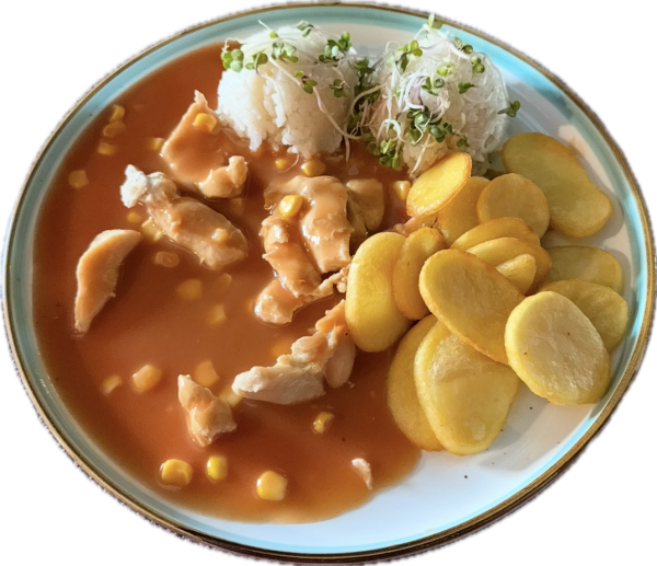 Kurací stroganov s kukuricou, 1/2 ryža 1/2 zemiakové dukáty