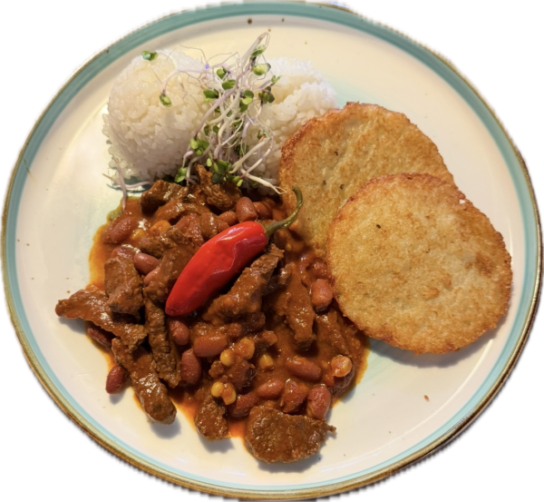 Hovädzie chilli con carne, 1/2 ryža 1/2 zemiaková placka