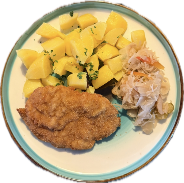 Vyprážaný bravčový rezeň, varené zemiaky, čalamáda