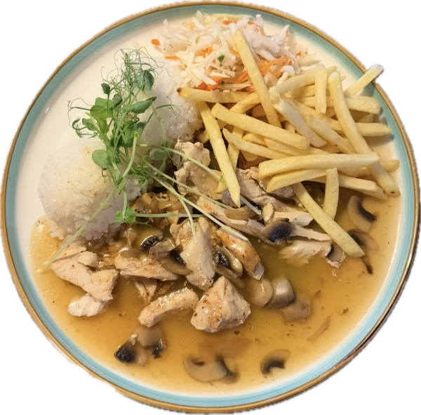 Kuracie soté so šampiňónmi, ½ ryža ½ hranolky, šalát