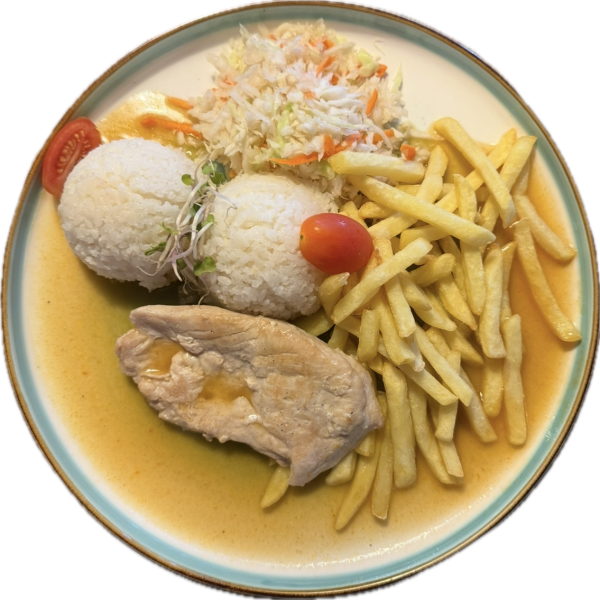 Prírodný kurací rezeň, ½ ryža ½ hranolky, šalát