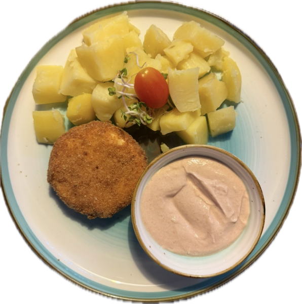 Vyprážaný camembert, dip, varené zemiaky