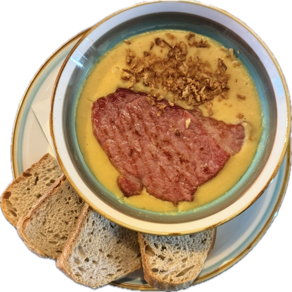 Hrachová kaša, údená krkovička, chlieb