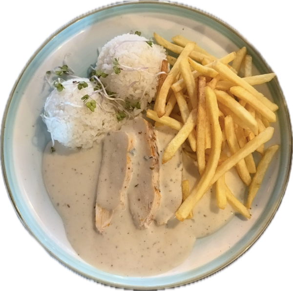 Kuracie v "quattro formaggi" omáčke, ½ ryža ½ hranolky