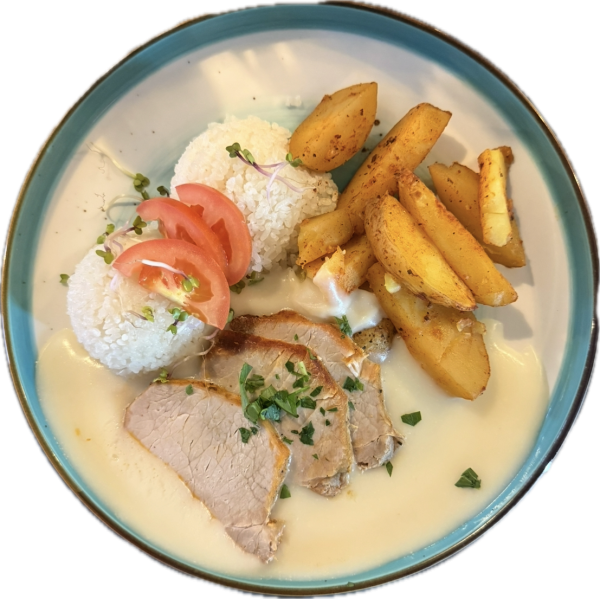 Pečené bravčové, bryndzová omáčka, 1/2 ryža 1/2 pečené zemiaky