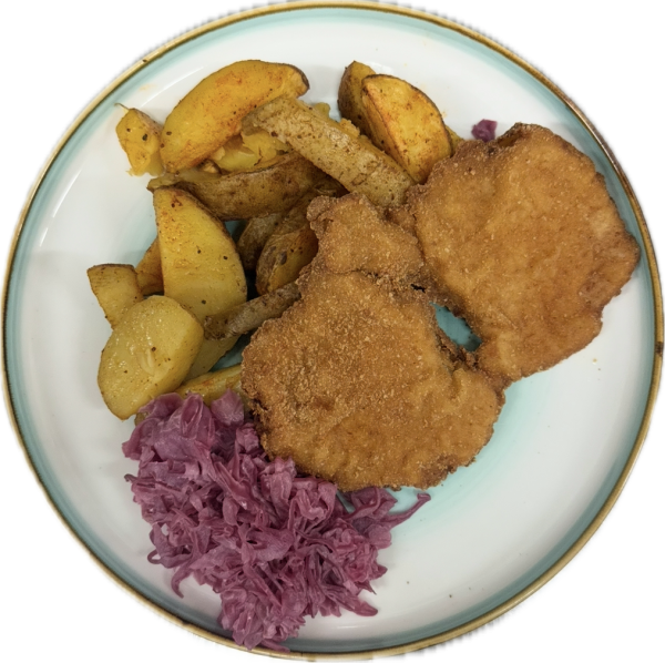 Vyprážaný bravčový rezeň, pečené zemiaky, hanácky šalát