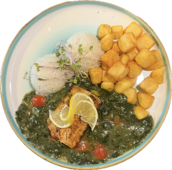 Grilovaný filet z tresky tmavej na špenátovom lôžku, 1/2 ryža 1/2 opekané zemiaky